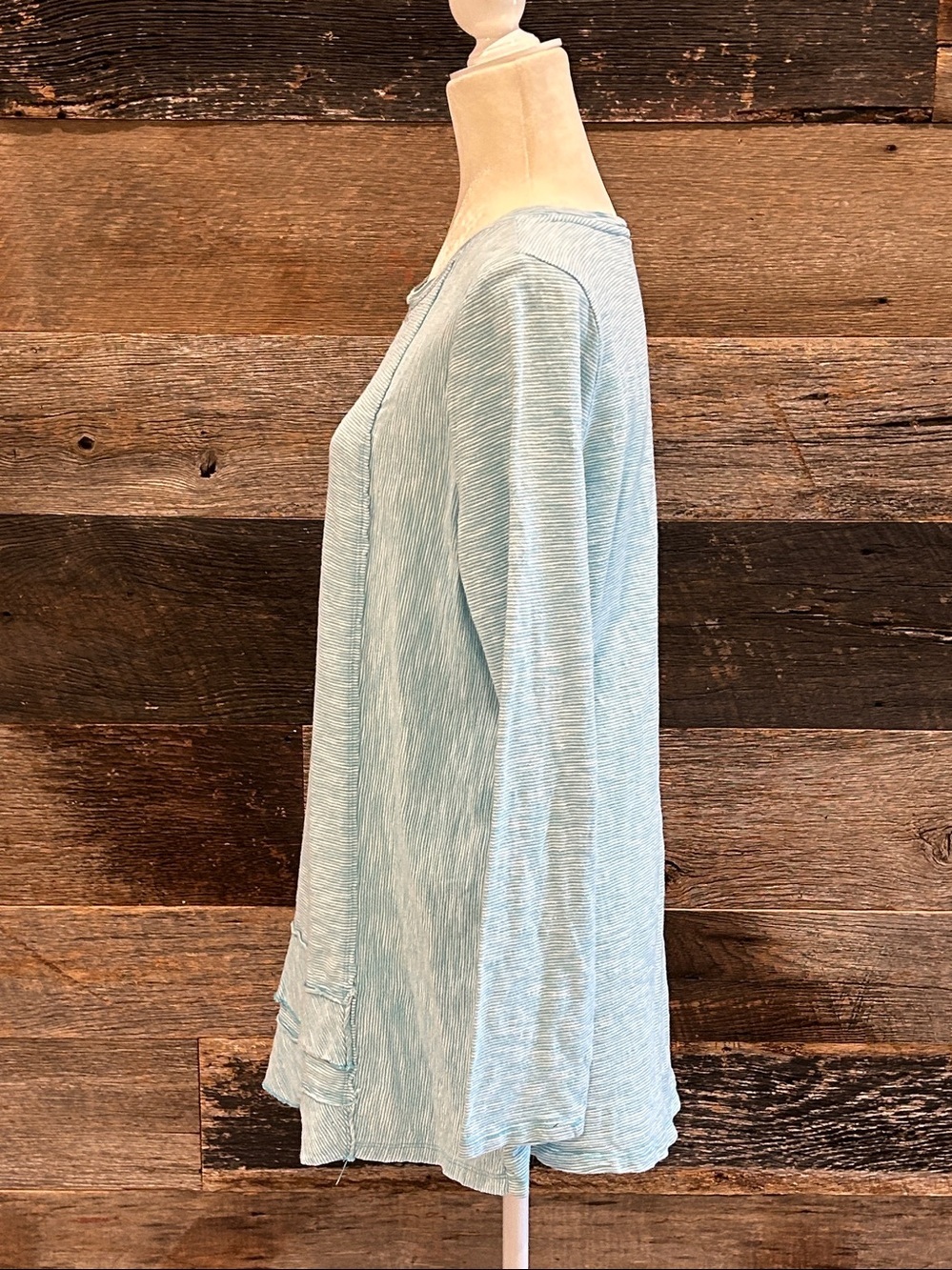 Soft Surroundings Turquoise Pinstripe Ruffle Hem Tunic Top. Large - Picture 3 of 6